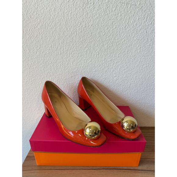 Kate Spade Dazzle Orange Patent Leather Pumps Gold Ball Detail Size 6.5M w/ Box - Picture 2 of 4